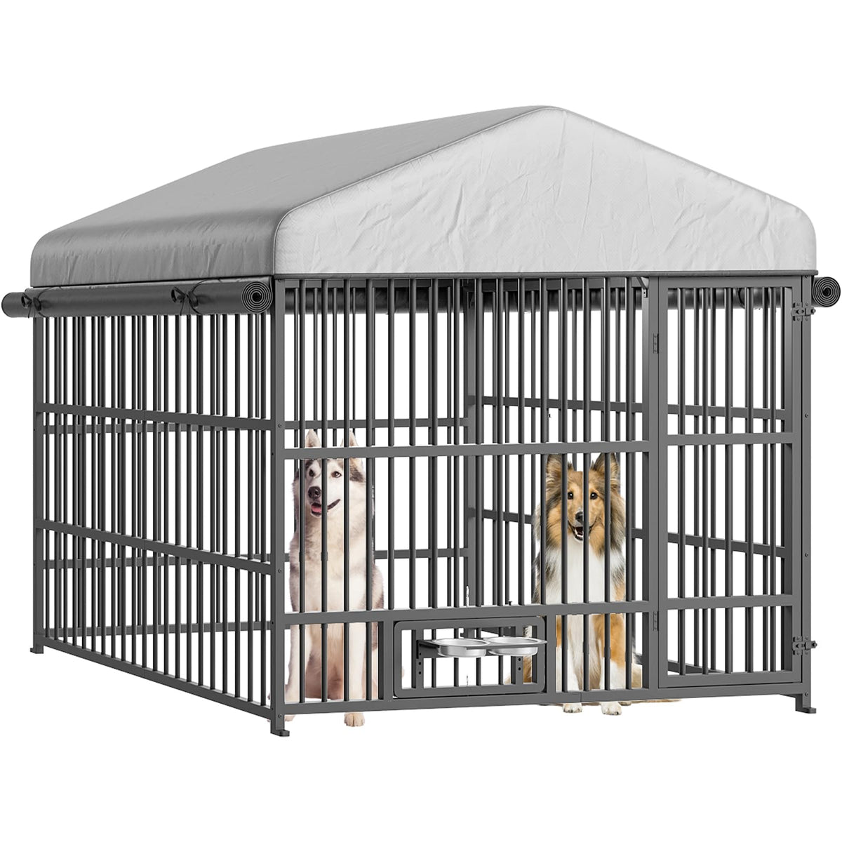 HOOBRO Dog Kennel Outdoor with Cover, 6.6 x 6.6 x 6.4 ft Dog Kennel Outside with Waterproof Roof and Rotating Feeding Bowls, Heavy-Duty Large Cage Enclosure, for Medium & Large Dogs, Black BK220GW03