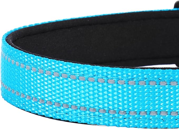 PWOD Reflective Dog Collar, Adjustable Soft Neoprene Padded Nylon Pet Collars with Buckle for Medium Dogs, Sky Blue,M