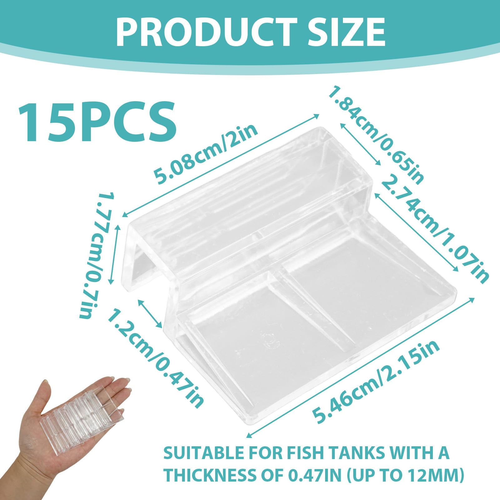 TNJPSEK 15 Pcs Rimless Aquarium Lid Clips for 11-12mm Glass, Clear Acrylic Aquarium Cover Support Clamps for Fish Tank Lid Holder, Plastic Tank Top Clips for Glass Canopy or Piscine Hoods and Covers