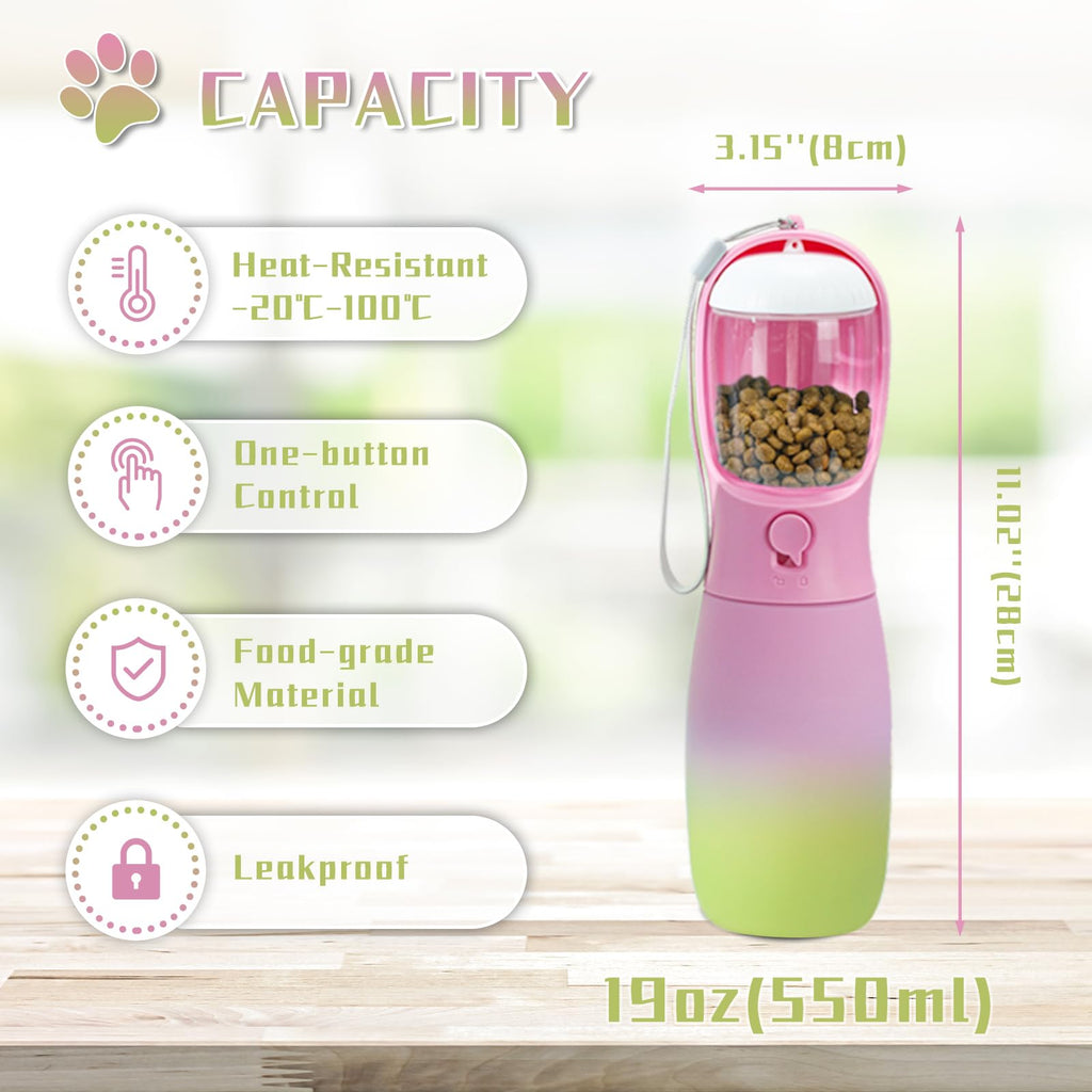 MITOCAPY Dog Water Bottle Portable, 19Oz Large Capacity Dog Water Dispenser, Food Grade Pet Accessories for Small Dogs Large Breed, Travel Pet Water Bowl for Outdoor, Dog Birthday Gifts (Pink&Green)