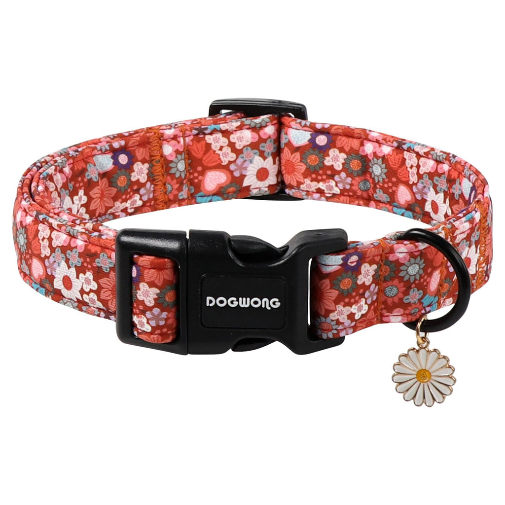 DOGWONG Red Flower Dog Collar, Cute Adjustable Floral Collar, Girl Female Dog Collar with Strong Plastic Buckle for Small Medium Large Dog.M