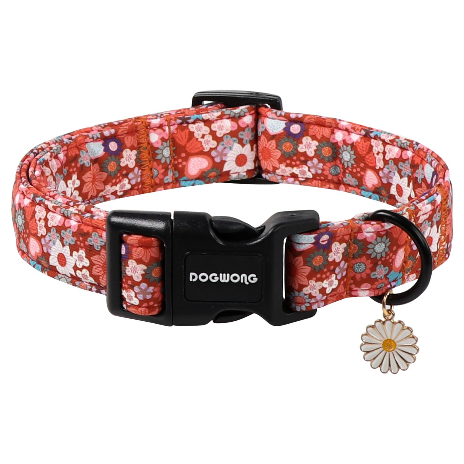 DOGWONG Red Flower Dog Collar, Cute Adjustable Floral Collar, Girl Female Dog Collar with Strong Plastic Buckle for Small Medium Large Dog.M
