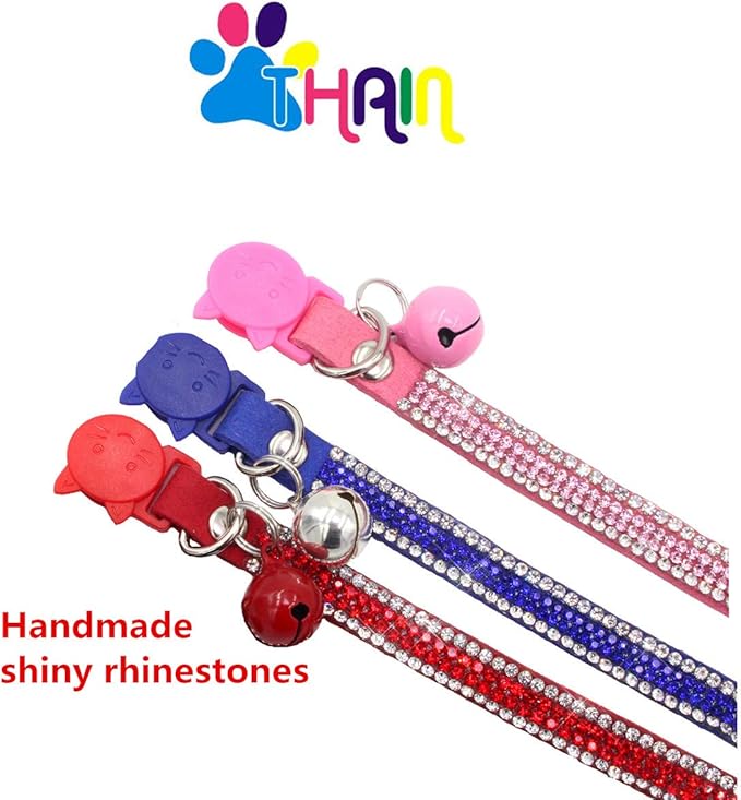 THAIN Basic Adjustable Cat Collar Bling Diamond Breakaway with Bell for Kitten Girl boy (Pink)