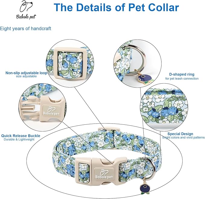 Babole Pet Blueberry Pattern Dog Collar, Cute Light Blue Spring Summer Puppy Collar - Soft Adjustable Designer Dog Collars for Small Medium Large Dogs XL