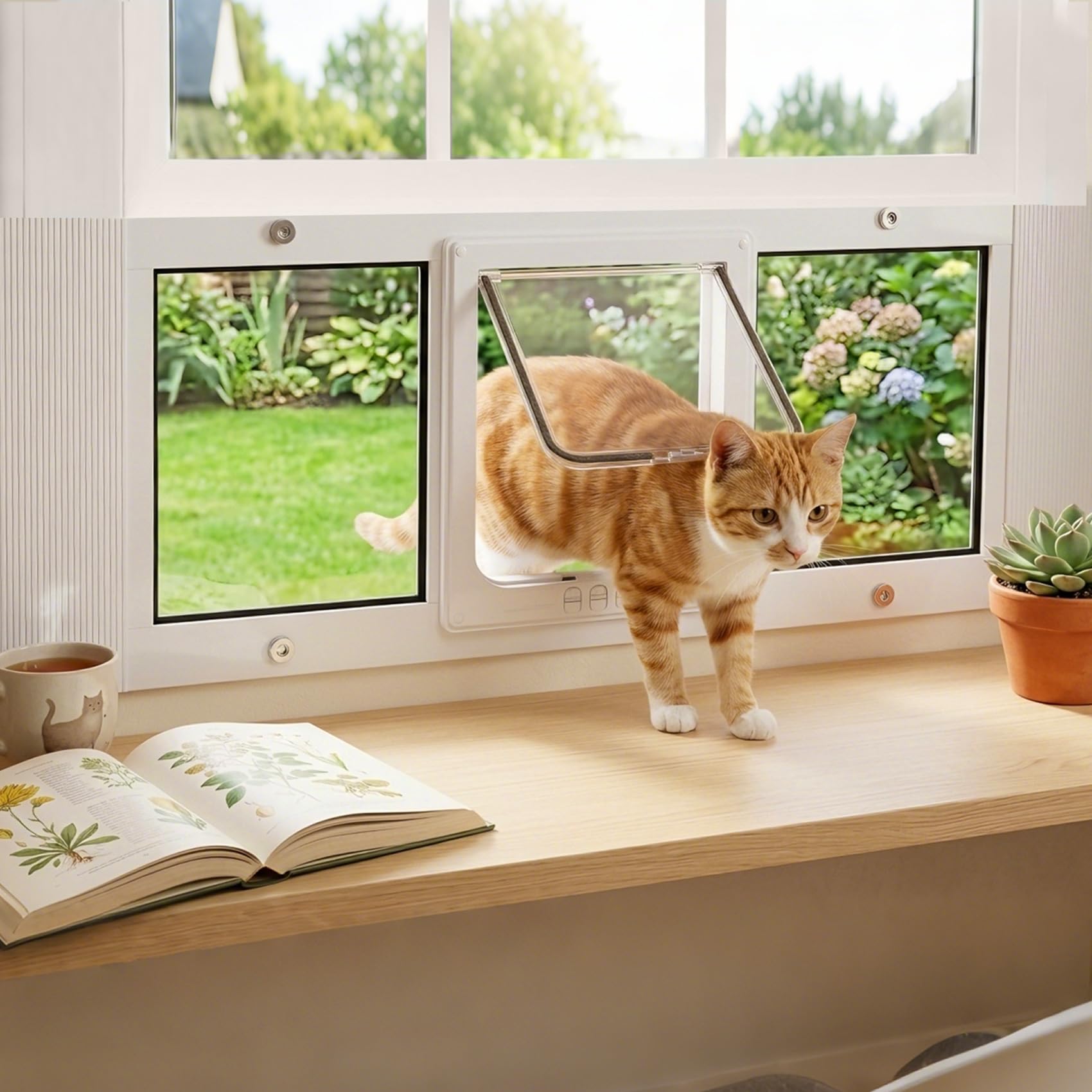 Full Size Cat Door Window Insert，Adjustable Width of 23"-28", 4 Locking Modes, Magnetic Closure, 10-Min Quick Install, HD Transparent Flap,Weatherproof Window Pet Door for Cats & Small Dogs