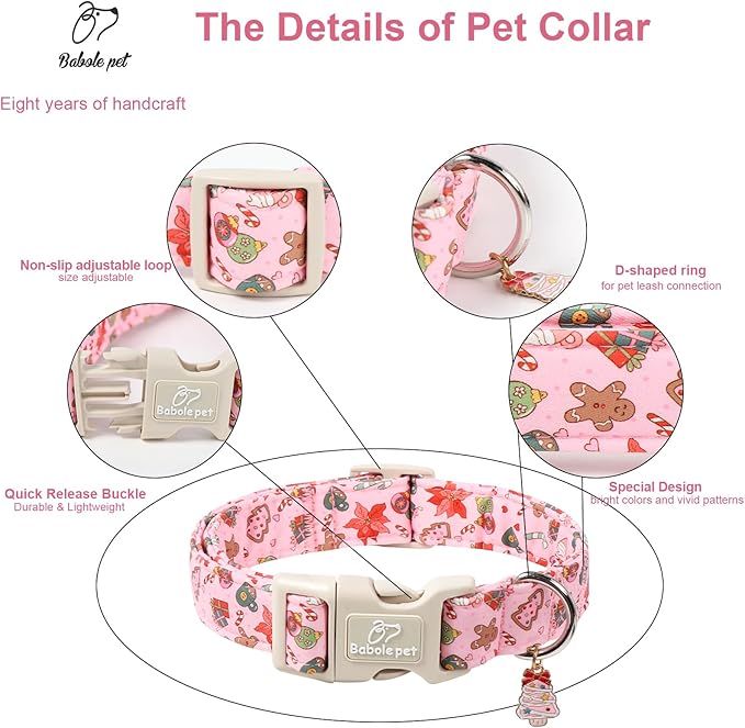 Christmas Dog Collar - Cute Pink Cozy Christmas Puppy Collar with Safety Buckle, Soft Adjustable Holiday Dog Collars for Small Medium Large Dogs XL