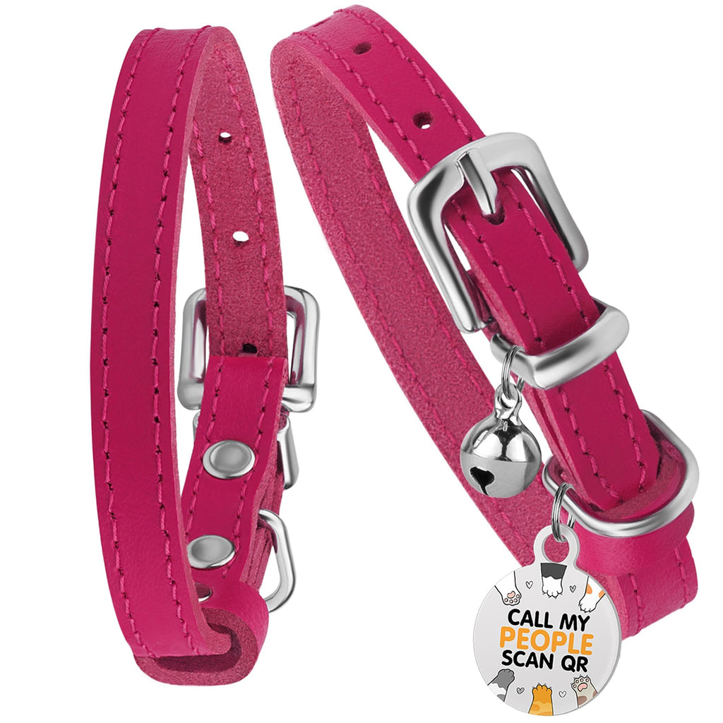 BRONZEDOG Leather Cat Collar with Removable Bells Non Breakaway Kitten QR Tag for Girl Boy (7" - 9" for Cats, Pink & Silver)