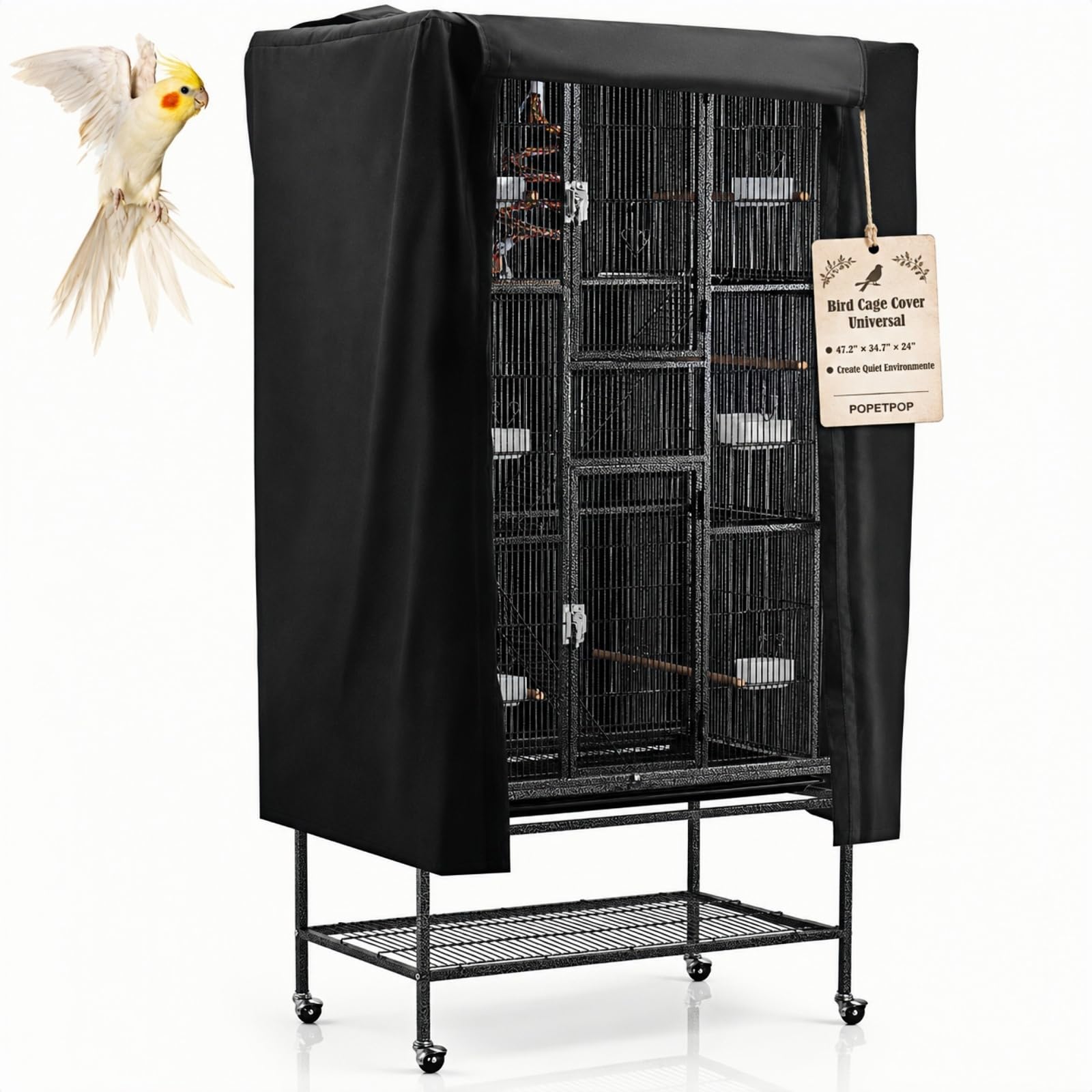 POPETPOP Universal Bird Cage Cover, Good Night Parrot Cage Cover - Black