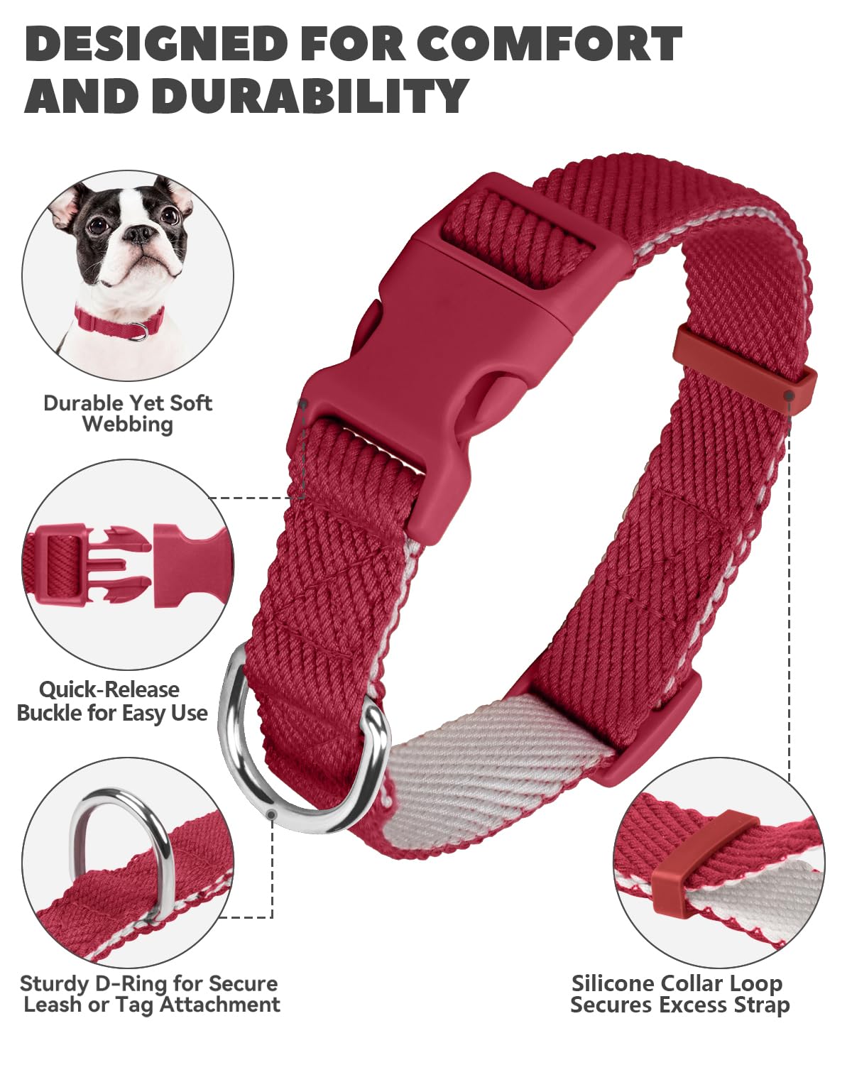 Dynmeow Soft and Breathable Cotton Dog Collar, Durable Adjustable Pet Collar with Quick-Release Buckle, Lightweight for Sensitive Skin for Small and Medium Dogs, Red, S