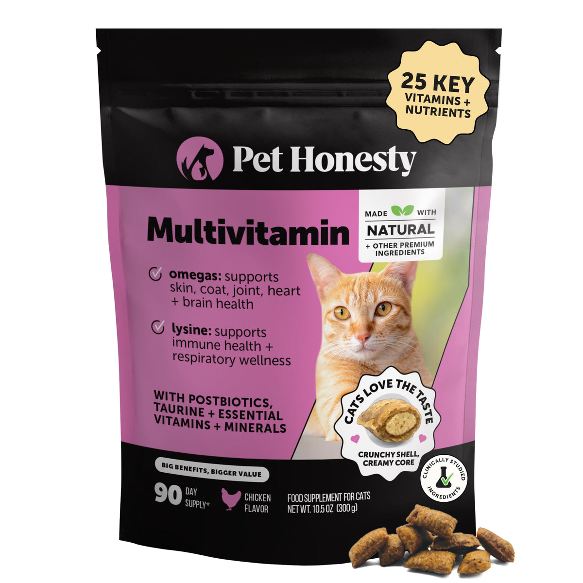 Cat Multivitamin Crunchy Creamy Chews - Daily Cat Vitamins with Lysine, Prebiotics, Omega 3 Fish Oil - Cat Treats for Immune Support, Skin Coat, Digestion, Heart + Joint Health (30-Day Supply)