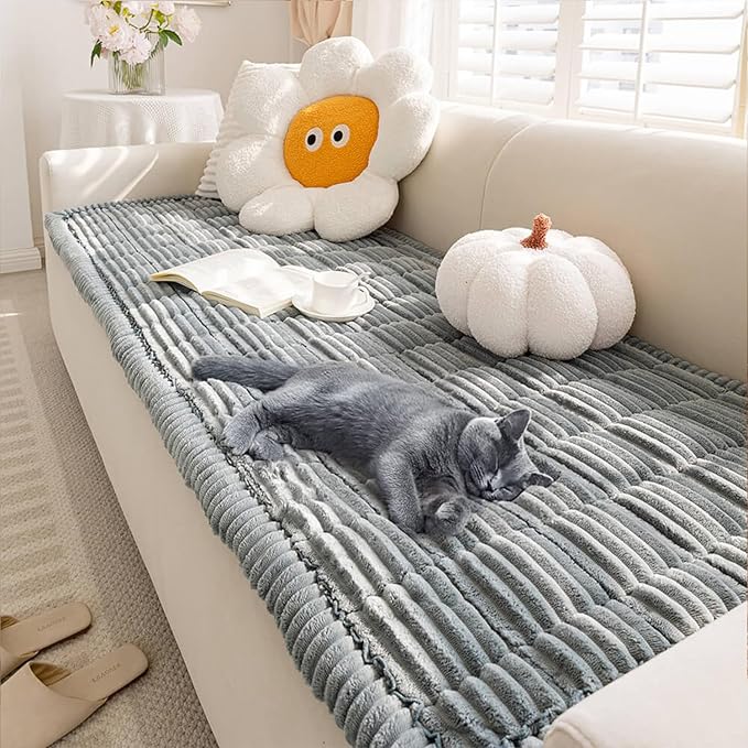 FUNNY FUZZY Pet Couch Covers for Sofa, Washable Dog Couch Cover Protector for Dogs, Flannel Couch Covers for Dogs Pet Friendly Pets Mat Bed Sofa Cover (Blue-Grey, 27.6"×82.7")
