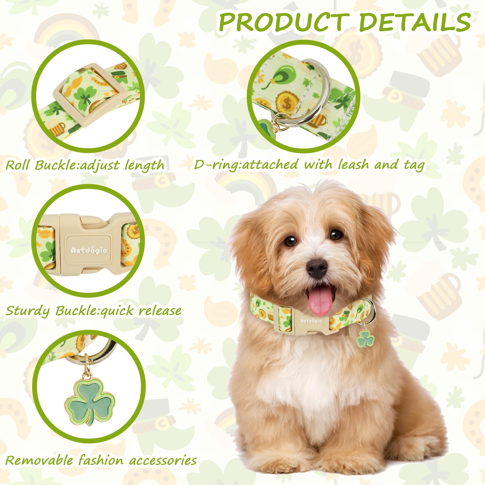 Astdogio St. Patrick's Day Dog Collar,Light Green Puppy Collar with Lucky Shamrock,Adjustable Spring Cotton Collars Gifts for Small Medium Large Dogs,Dog Accessories M