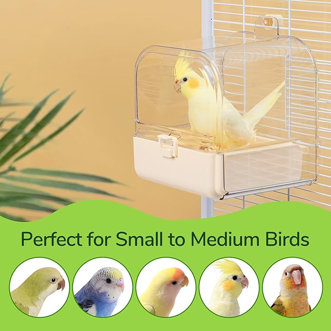 tafit Hanging Bird Bath for Cage with Bowls & Mesh Bottom - 3-in-1 Multifunction Bird Bath/Bowl/House, Bird Shower for Lovebirds, Finches, Parakeets, Budgies, and Other Small to Medium Birds - White