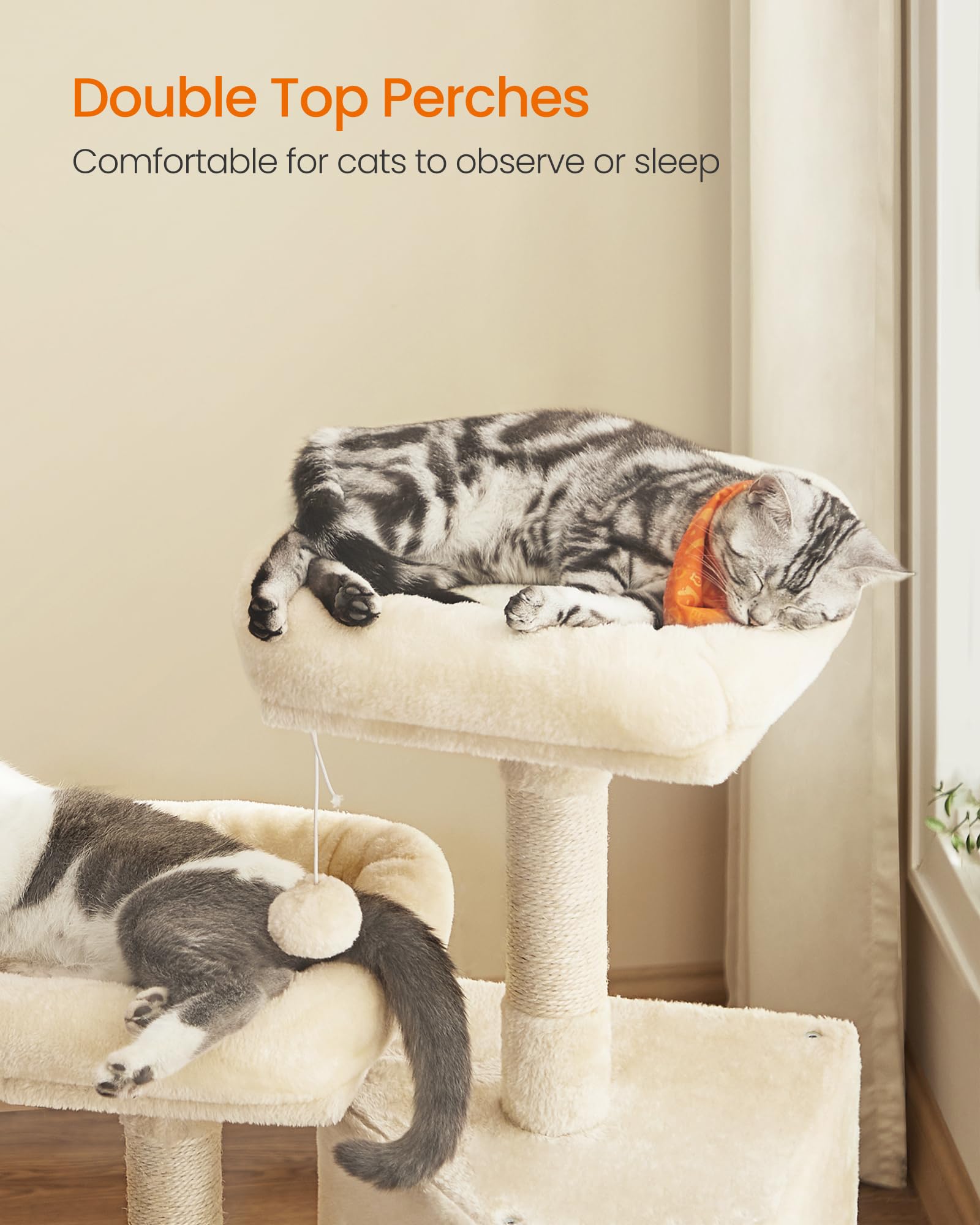 Feandrea Cat Tree, 45.3-Inch Cat Tower, Plush Condo Scratching Post, Beige