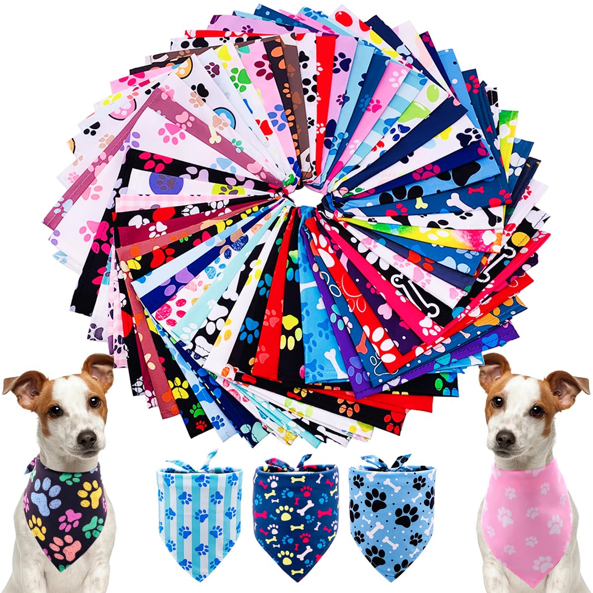 PET SHOW 50 Pack Paw Print Dog Bandanas Bulk for Medium Dogs