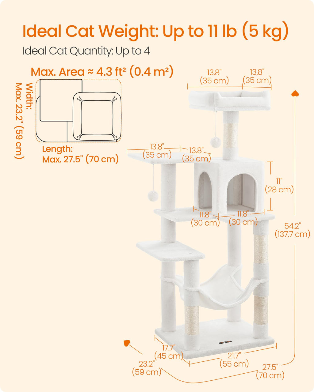 Feandrea Cat Tree, 54.2-Inch Cat Tower, Plush Multi-Level Condo with 4 Scratching Posts, 2 Perches, Hammock, Cave, Cream White UPCT161T01