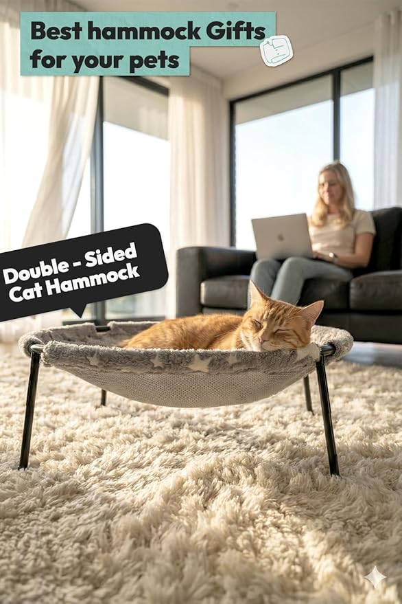 POMESEA Elevated Cat Bed, Glow-in-The-Dark Fabric Cat Hammock Bed for Large Indoor Cats, Machine Washable & Breathable Cover, Tool Free Easy Assembly, up to 66Lbs (Gray, L)