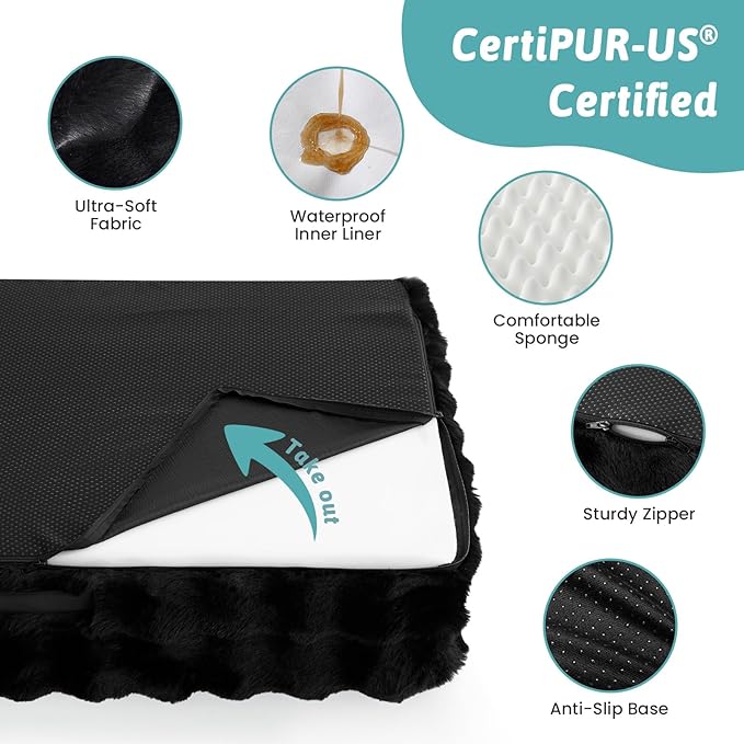 Orthopedic Dog Bed for Large Medium Size Dog, Soft and Warm Faux Fur Sofa for Pet Up to 75 lbs, Foam Bolster Anti-Slip Couch with Washable Removable Cover, L 36x27x6.5 inch, Black