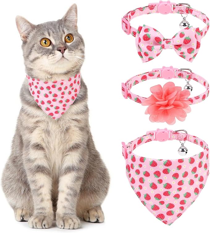 VKPETFR Breakaway Cat Collar with Removable Bow Tie and Bell, Cute Multi-Style Patterns, 3 Pack Safety Buckle Kitten Collars, Adjustable Pet Collar for Cats Puppy (Style B - Nature)