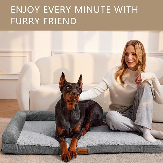 Patas Lague Orthopedic XL Dog Bed Large Sized Dog 48''X30'', Waterproof L Bolster Big Large Pet Sofa Beds with Removable Washable Cover, Soft Comfortable Pet Couch Crate Mat with Nonskid Bottom, Grey