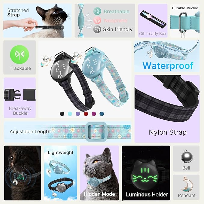 AirTag Cat Collar Breakaway, Reflective Cat Collar Compatible with Apple AirTag 1st & 2nd Gen, Hidden Holder with Bell, Lightweight Water-Resistant Strap for Cats, AirTag Not Included