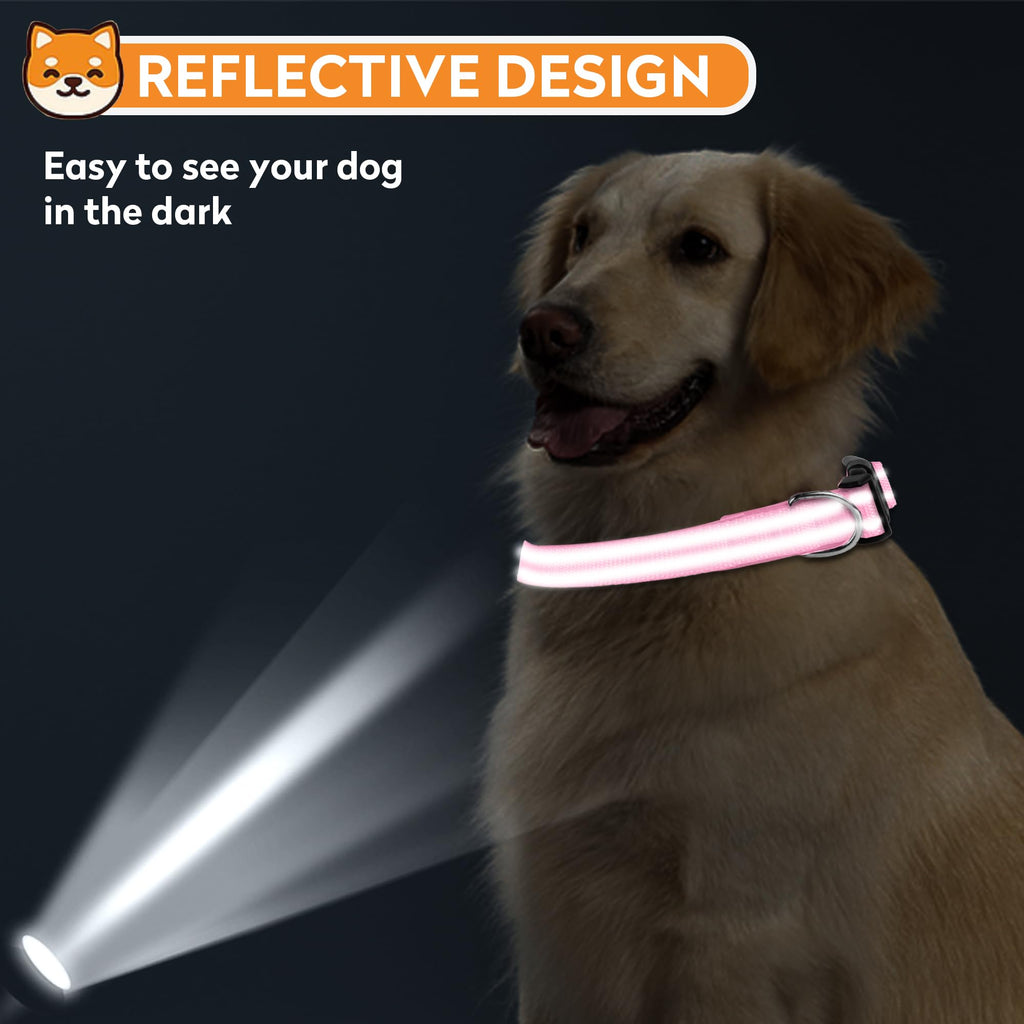 PWOD Reflective Dog Collar, Adjustable Soft Neoprene Padded,Light Pink,S
