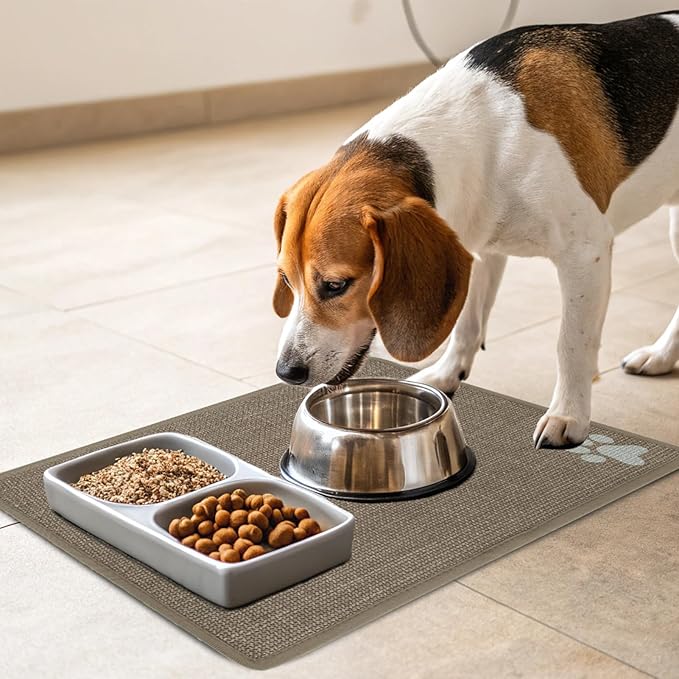 PUPTECK Dog Food Mat, Absorbent Pet Cat Feeding Mat for Food and Water Bowls, Anti-Slip Dog Placemat for Floors Waterproof, Pet Supplies Accessories, Khaki XL