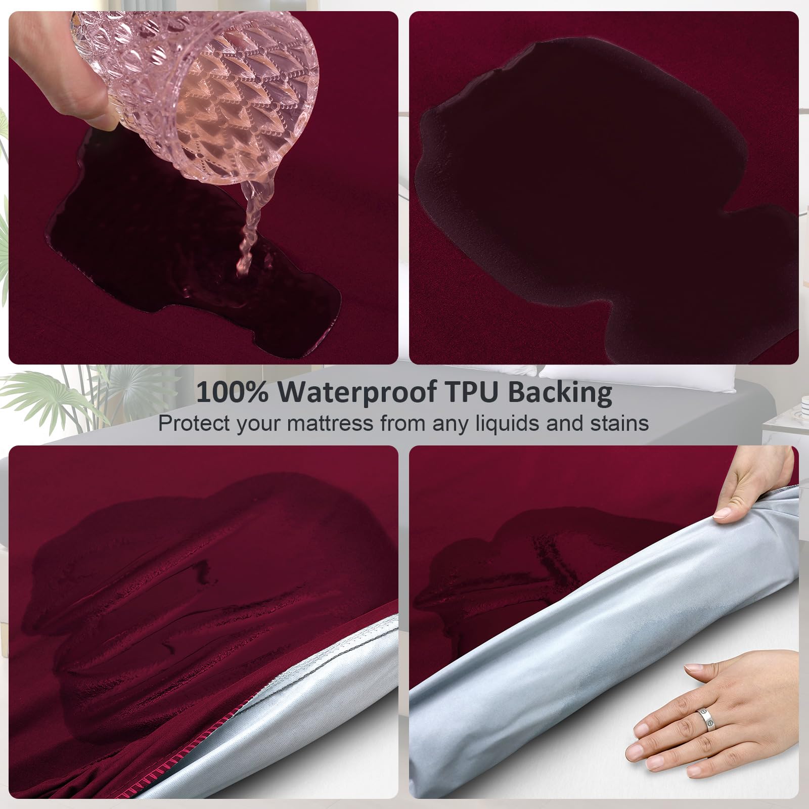 Waterproof Mattress Protector King, Fitted Sheet Style Breathable Mattress Cover with Deep Pocket Fits Up to 18'', Noiseless Bed Cover for Kids Adults Pets, Machine Washable (WineRed, 76'' X 80'')