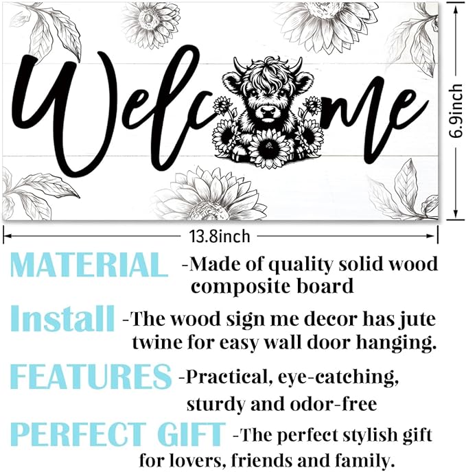 Welcome Sign for Front Door, Welcome Decor Wooden Hanging Sign, Highland Cow and sunflowers Pattern Wall Signs, Rustic Funny Wooden Outdoor Front Door Hanging Decoration 13.8X6.9 inches