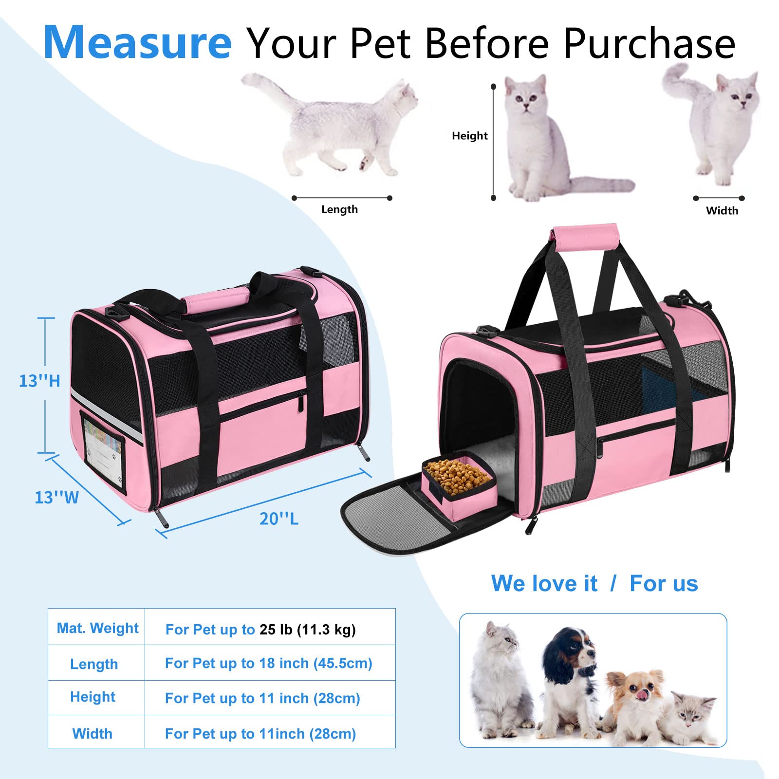 CUSSIOU 20" Large Cat Carrier Soft Side Dog Carrier Pet Carrier for Medium Small Dogs Cats Collapsible Soft Sided Pet Carrier for Cats Dogs Puppy of 25 lbs, Pink