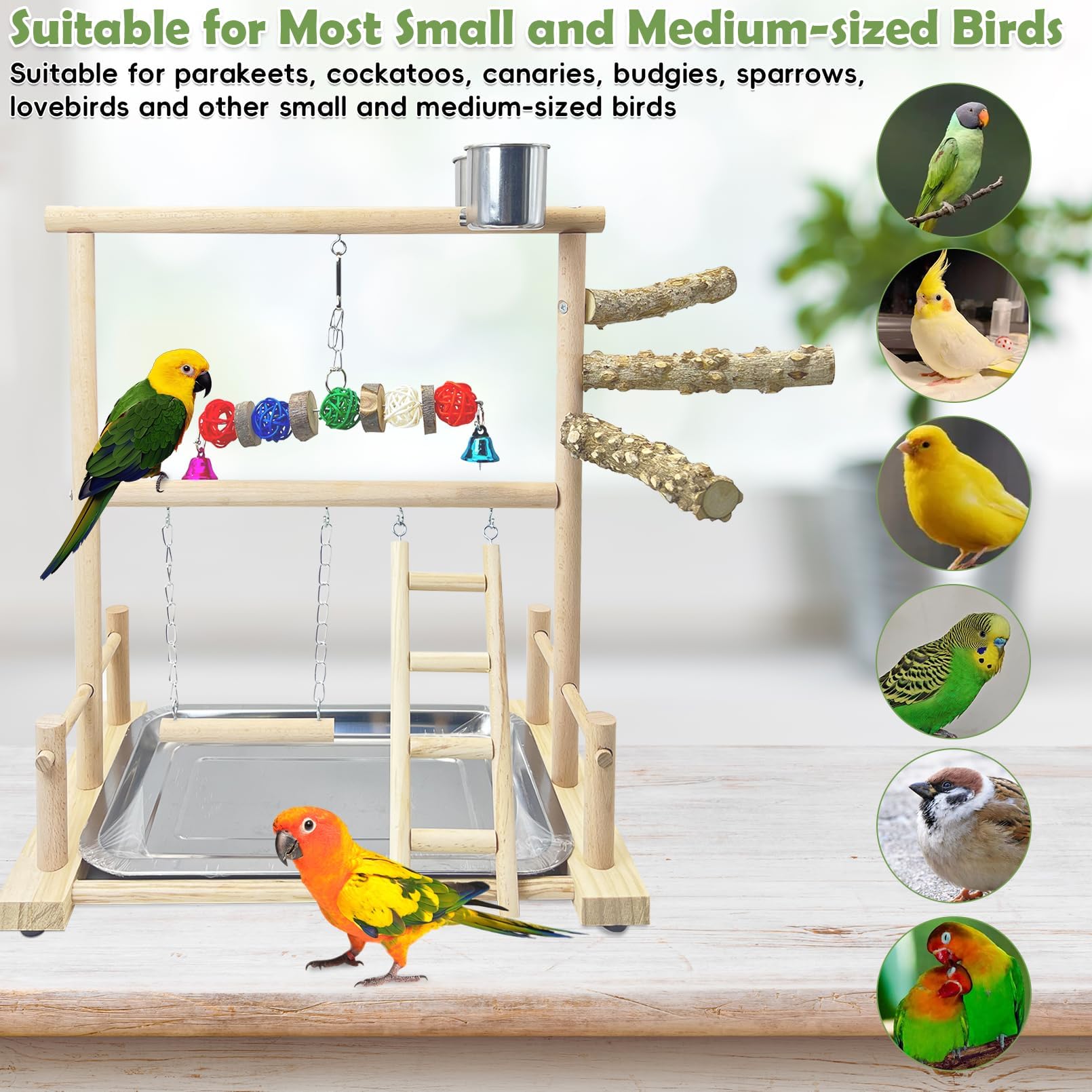 kathson Bird Playground Parrot Perch Stand Toys, Birds Wood Play Gym Activity Center Exercise Playpen Ladder Swing with Feeder Cups Chewing Toy(Include a Tray)