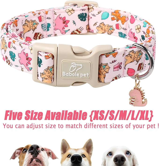 Babole Pet Cute Dinosaur Dog Collar, Adjustable Pink Dino Dog Collars for Large Dogs, Lightweight Quick-Release Buckle Birthday Collar for Boy&Girl Dogs L