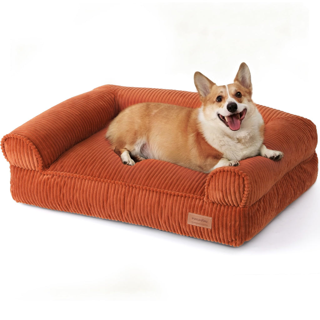 FUKUMARU Cute Dog Bed, Waterproof Corduroy Dogs Couch, 36in Orthopedic Pet Sofa for Medium to Large Dogs Dog, Warm Cotton Pet Bed with Washable Cover, Orange