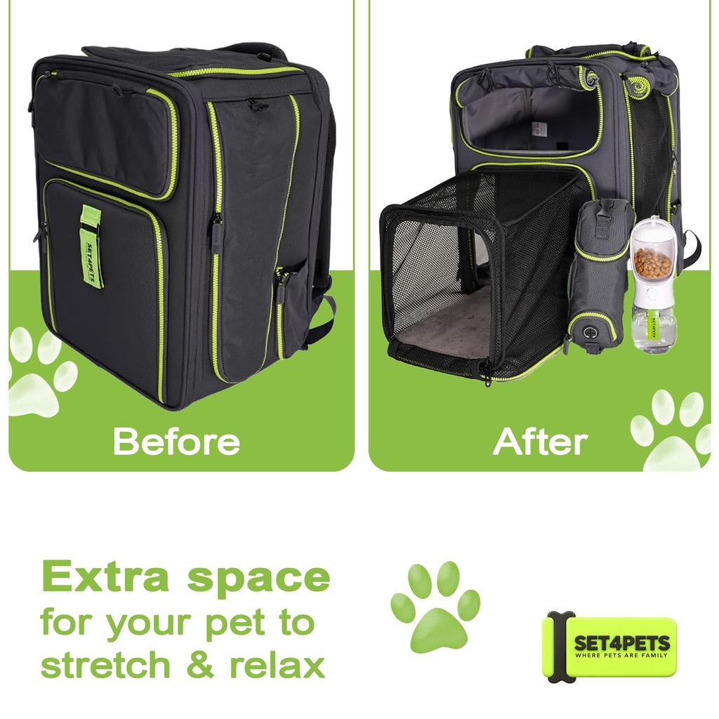 Set4Pets Expandable Cat Carrier Backpack for Cats & Small Dogs, Gray/Green
