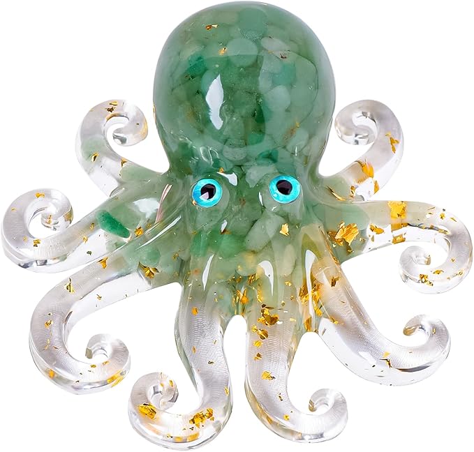 RJINGSHI Natural Crystal Gravel Octopus Resin Marine Animals Fish Tank Decorative Ornaments Octopus Statue Healing Crystal Home Decor Ladies Gift 3.93" (White-Turquoise