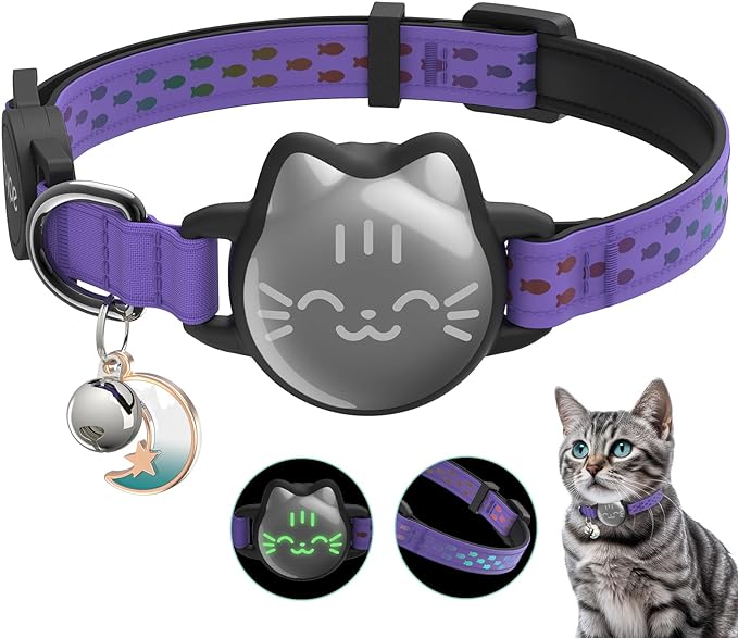 Waterproof Airtag Cat Collar, Breakaway Cat Airtag Collar with Luminous & Reflective Pattern Strap, Lightweight Kitten Collars for Apple Air tag, Hidden Holder for GPS Tracker - Cats, Kittens (9-13")