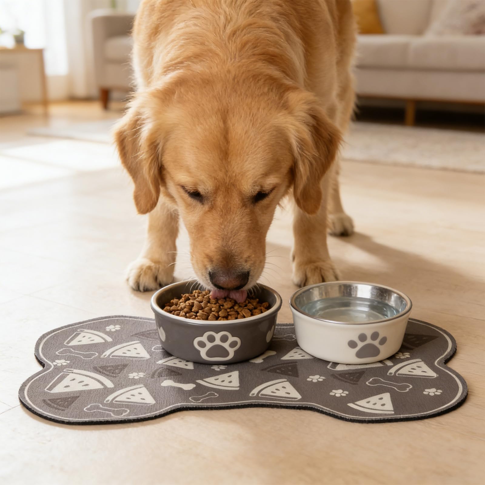 TORJOY Dog Food Mat, 0.15” Thickened Super Absorbent Pet Feeding Mat for Food and Water, Fruit Donut Pattern Cat Placemat, Quick Dry Non-Slip Dog Bowl Mat, Water Splash Proof（Medium Watermelon Grey）