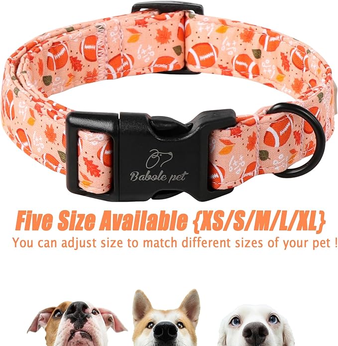 Babole Pet Fall Dog Collar, Cute Football Pattern Puppy Collar, Orange Adjustable Cotton Holiday Tanksgiving Dog Collars for Small Medium Large Boy&Girl Dogs M