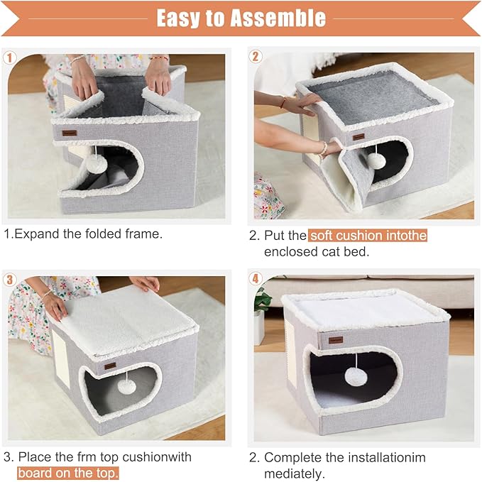 Garnpet Cat Bed for Indoor Cats Cube House, Covered Cat Cave Beds & Furniture with Scratch Pad and Hideaway Tent, Cute Modern Cat Condo for Multi Small Pet Large Kitten Kitty, Large, Dark Grey