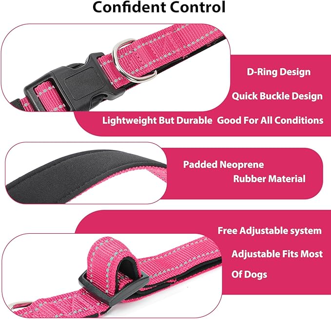 PenSeepet Reflective Dog Collar Padded with Soft Neoprene Breathable Quick Release Basic Dog Collars for Large Dogs Hot Pink Girl