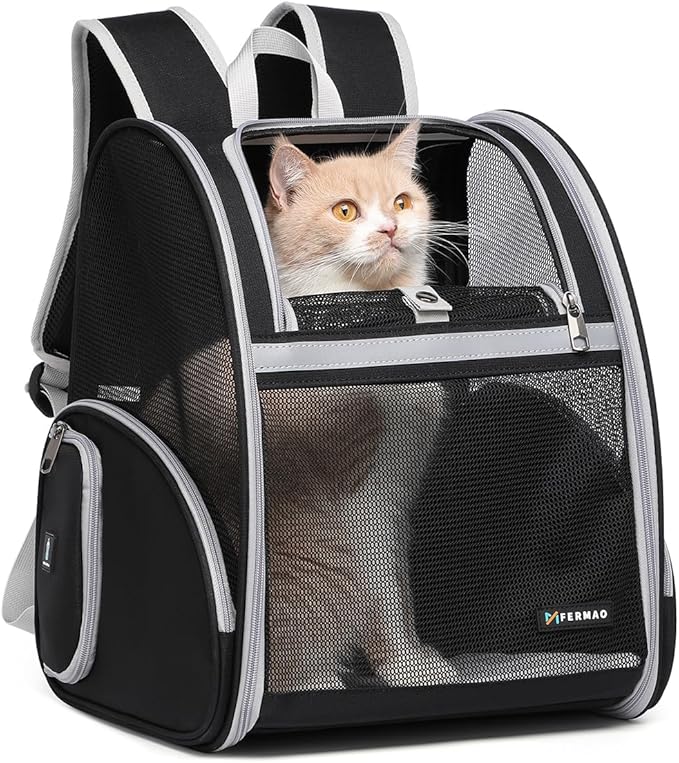 FERMAO Pet Backpack Carrier ，Large Cat Carrier Backpack Up to 20 Lbs with Breathable Mesh, for Medium Large Cats or Small Dogs, Travel Hiking Camping Backpack (Gray-XL)