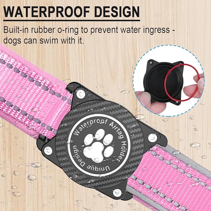 OKVSKO Airtag Dog Collar with Waterproof Air Tag Holder, Luminous Reflective, Soft Padded, Adjustable Nylon Pet Collar for Small Medium Large Heavy Duty Dogs,Pink, M