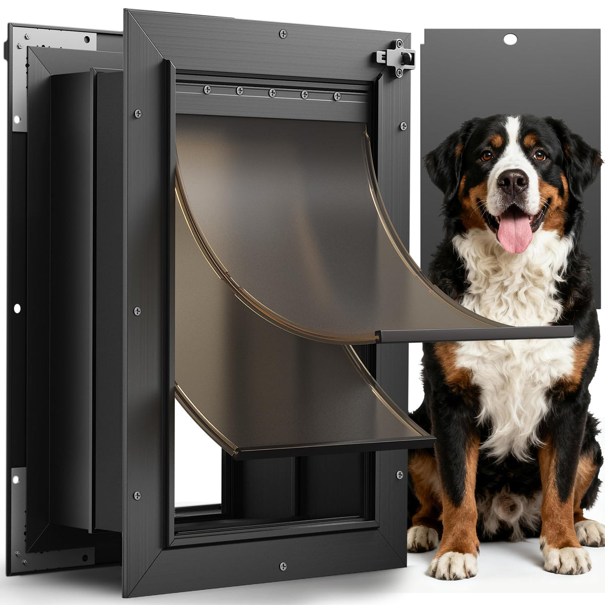 Cat Door for Wall, All Aluminum Doggy Doggie Pet Door Small Dog Door, With Closing Panel, 2 Magnetic Flaps Energy Efficient, Wide Telescoping Tunnel for Interior & Exterior Wall, Pets Up to 22Lb Black