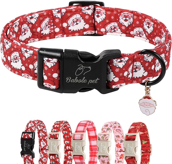 Babole Pet Christmas Dog Collar - Cute Red Santa Christmas Puppy Collar with Safety Buckle, Soft Adjustable Holiday Dog Collars for Small Medium Large Dogs XS