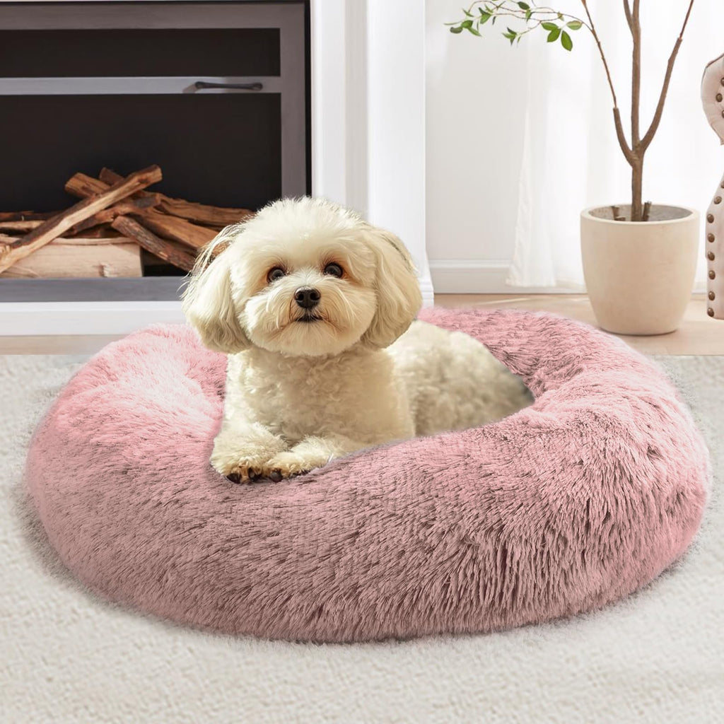 JOLLYVOGUE Calming Dog Bed Medium Size Dog, Anti-Anxiety Donut Medium Pet Bed, 27 inches Fluffy Faux Fur Round Cat Bed (Dark Pink)