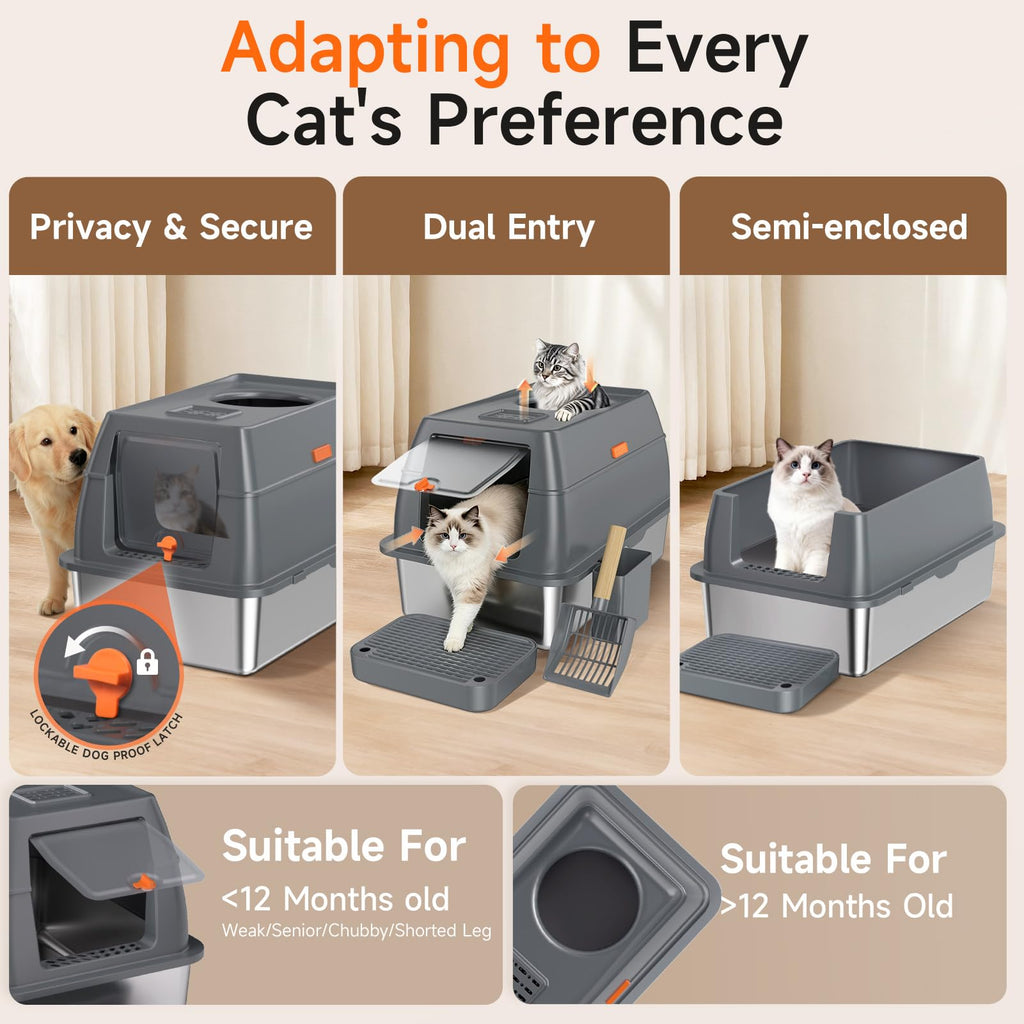 Tevila XL Enclosed Stainless Steel Litter Box with Lid, Dark Gray
