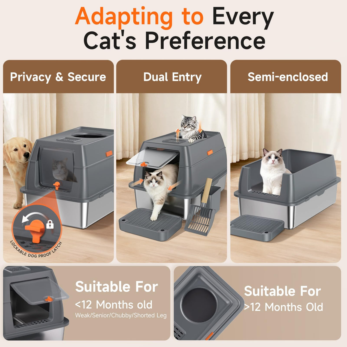 Tevila XL Enclosed Stainless Steel Litter Box with Lid, Dark Gray