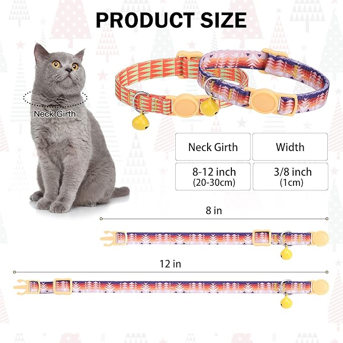 DILLYBUD Breakaway Cat Collars for Girl Boy Cats, Spring Summer All Weather Cat Collar Personalized Pattern 2 Pack,Cute Classic Safety Buckles and Bells,Adjustable Printed Nylon Colorful Kitten Collar