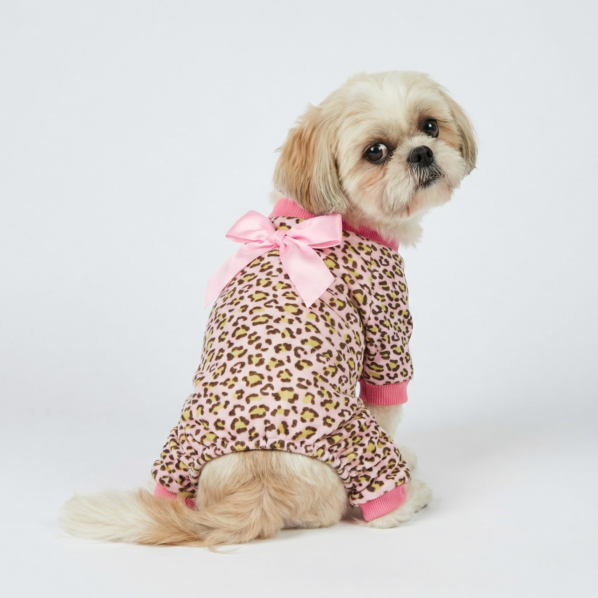 Fitwarm Leopard Dog Pajamas, Fleece Dog Clothes for Small Dogs Girl with Legs, Pet Onesie, Cat Outfit, Pink, Large