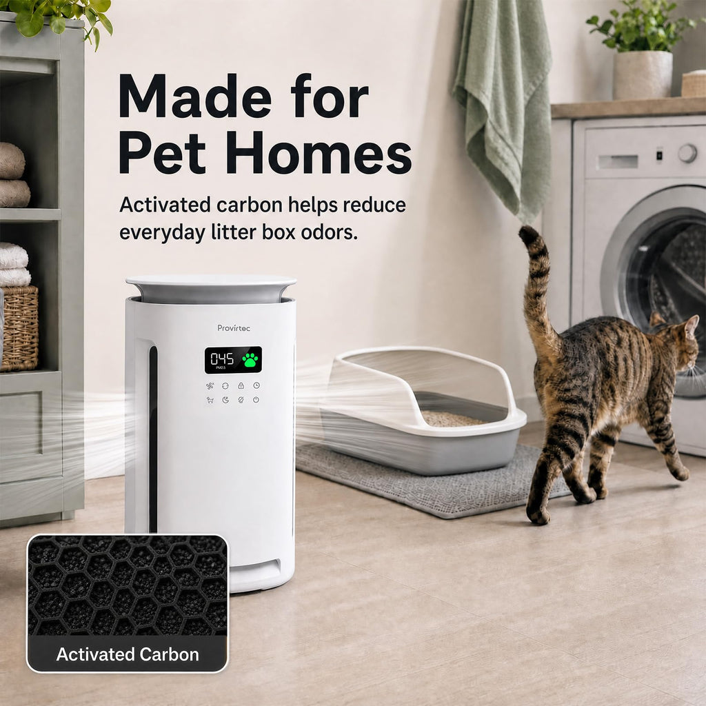 Provirtec Pet Air Purifier for Home with 2 Washable Pre-Filters, H13 HEPA